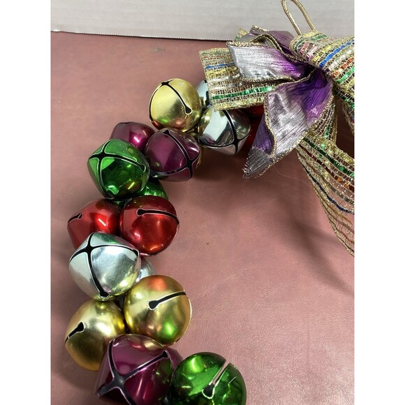 Vintage Christmas Jingle Bells Ribbons 13" Wreath Purple Gold Green Red & Silver - Picture 7 of 16